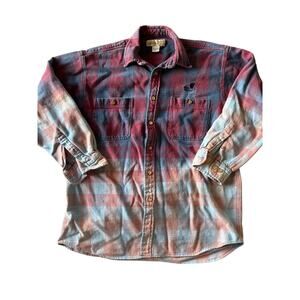 Vintage Y2K Ducks Unlimited Large Blue Red Half Faded Buffalo Plaid Flannel
